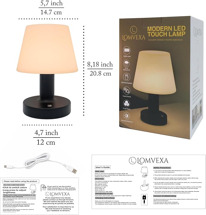 Cordless Table Lamp, Rechargeable Table Lamp, Waterproof Shower Lamp, 5200mAh Small Table Lamps, 3-Color Dimmable Touch Light, Portable Outdoor and indoor table lamp, Bedside night light (Black)