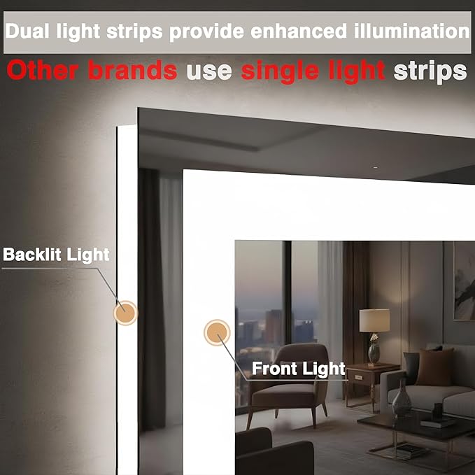 72"x36" Bathroom Mirror with Lights (Front and Backlit), Anti-Fog LED Lighted Bathroom Mirror, Stepless Dimmable Vanity Mirror, 3 Colors Smart Mirror (Horizontal/Vertical)