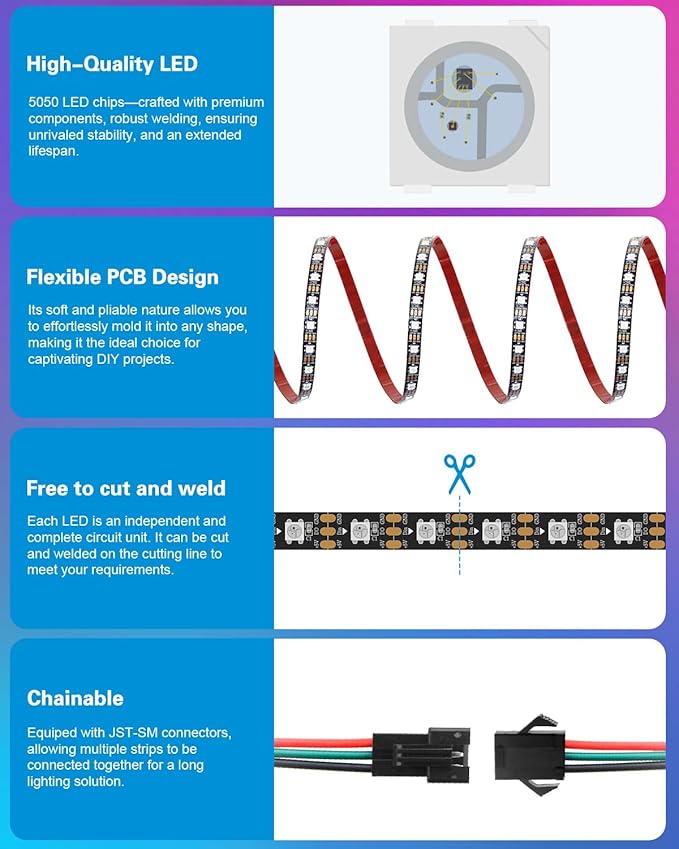 ALITOVE 16.4FT WS2812B LED Strip Individually Addressable 300 Pixels Strip Light 5V Upgraded Adhesive RGB IC LED Tape Light IP20 (Power Supply and Controller Need to be Purchased Separately)