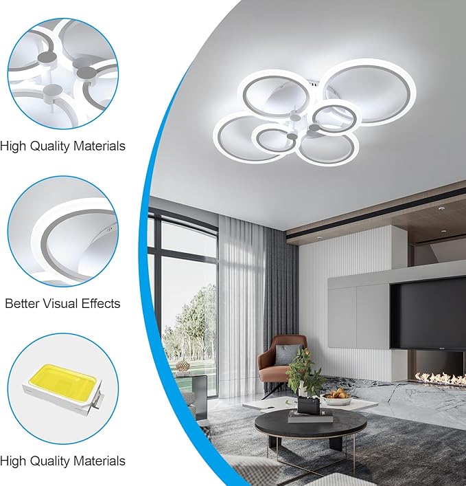 DELIPOP Modern Ceiling Light, White 6 Rings Flush Mount Ceiling Light, 31 Inch 6500K Cool White Led Chandelier Lighting for Bedroom, Living Room, Kitchen, Dining Room