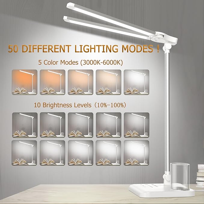 LED Desk Lamp Dimmable Table Lamp with USB Charging Port, 50 Lighting Modes, Adjustable Foldable Dual Swing Arm Architect Desk Lamp for Home Office, Eye-Caring Reading Lamp w/Pen Holder 45min Timer