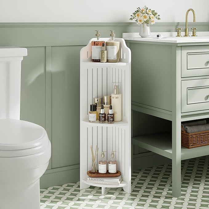 VECELO 3-Tier Bathroom Shelves for Narrow Space, Modern Corner Shelf Stand,Small Storage Organizer for Bathroom,Toilet Paper Stand,White