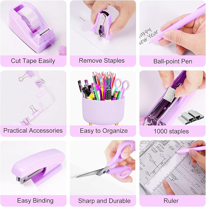 Purple Desk Organizers and Accessories Set with 360-Degree Rotating Pen Holder, Tape Dispenser, Stapler, Staple Remover, 1000 Staples, Tape, Clips Set, Ruler, Scissor, Pen