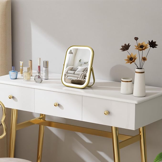 Rechargeable Travel Makeup Mirror, 8"×6" Small Vanity Mirror with Lights, 1500mAH Battery, 3-Color Lighting, Dimmable, 360° Rotation, Portable Desk Mirror with Storage Pouch, Travel Essentials (Gold)