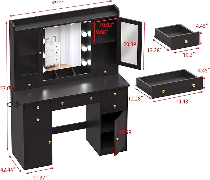 Vanity Desk with Mirror and Lights, 43" Black Makeup Vanity Set with 5 Drawers & Glass Cabinets, Power Outlet, Adjustable LED Lights & Makeup Tray, Dressing Table for Women & Girls Bedroom