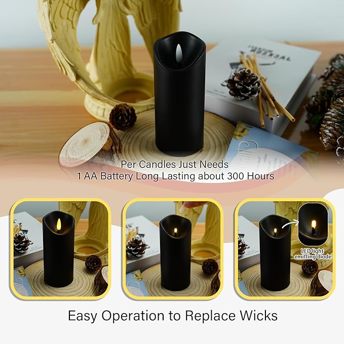Flickering Flameless Candles, Battery Operated Plastic LED Pillar Candles with Remote Control and Timer, Set of 9 (Black)