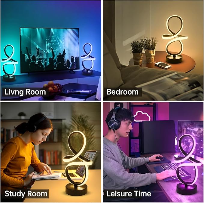 Modern RGB Table Lamps, 7 Colors 10 Light Spiral Bedside Lamp with Remote&APP, Cool Table Lamp, Dimmable LED Nightstand Lamp with Scene/Music Modes for Bedroom, Living Room, Christmas Gifts Black