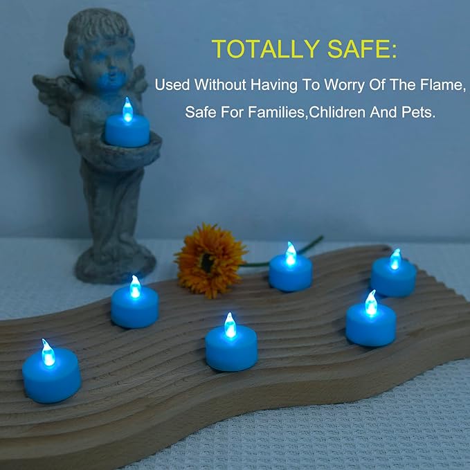 Tea Light, 50 Pack Flameless LED Tea Lights Candles Flickering red 200+ Hours Battery-Powered Tealight Candle. Ideal for Party, Wedding, Birthday, Gifts and Home Decoration (Blue)