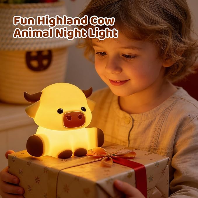 Cute Highland Cow Night Light, LED Touch Silicone Lamp for Bedroom with 7 Colors Timer and Dimmable Squishy Warm Light Night Lights, Rechargeable Animal Lamp for Bedroom Decor Birthday Gift