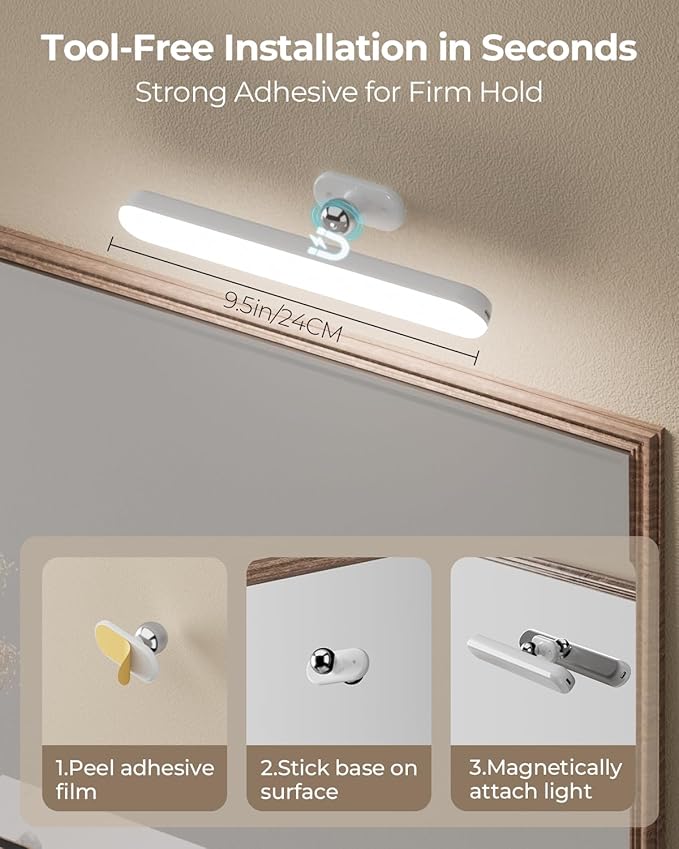 Wireless Vanity Makeup Lights for Mirror, 1600mAh Battery Operated Vanity Lights Cordless, Magnetic LED Light Bar Rechargeable Dresser Light, Stick On Make Up Light for Over Mirror, Bathroom