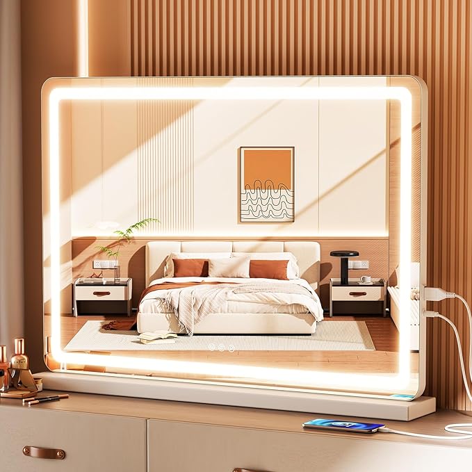 Sweetcrispy 22"x32" LED Vanity Mirror with Lights, Dimmable 3 Color Modes Makeup Mirror with Memory Function, USB Charging, Aluminum Frame, Lighted Mirror for Desk or Bedroom