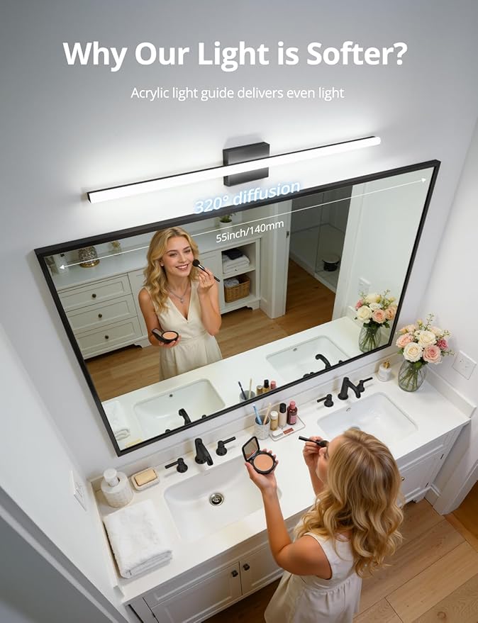 Combuh 48Inch Bathroom Vanity Light Fixtures Extra Long Lighting Bar Above Mirror, Modern Black Bright 23W 2300LM Wider Coverage Slim Sleek IP44 Rustproof LED Bath Wall Sconce for Makeup Cool White