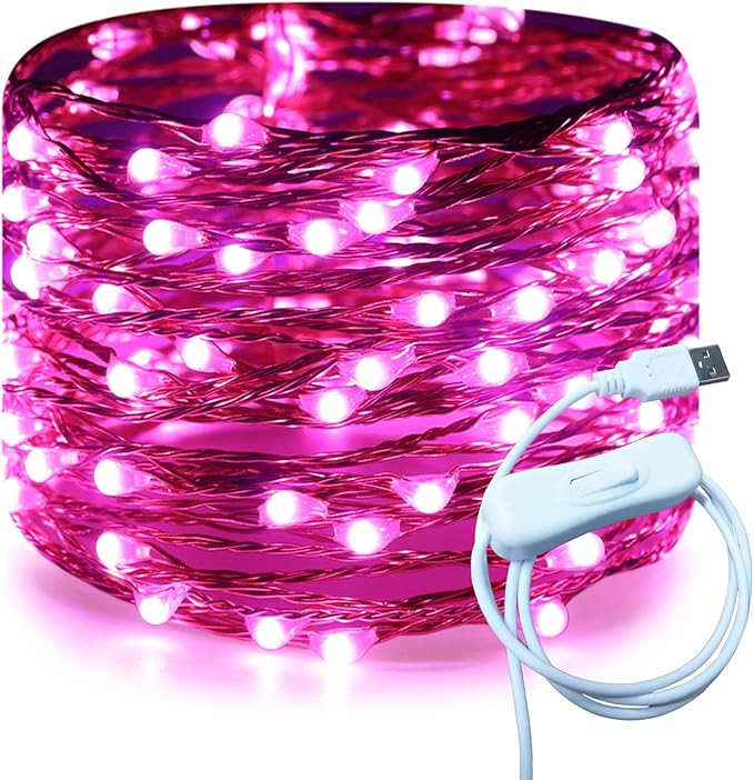 RUICHEN 20 Ft 120 LED USB Fairy String Lights with On/Off Switch, Waterproof Copper Wire Lights for Bedroom Wall Ceiling Wreath Christmas Easter Valentines Day Wedding Party, Pink