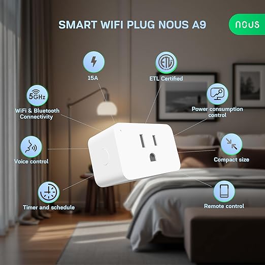 NOUS Wi-Fi Smart Plug 15A, Dual-Band 2.4GHz & 5GHz, Energy Monitoring, Compatible with Alexa, Google Home, Tuya Smart App, Remote Control, Timer, Compact Design, Smart Outlet, 4 Pack