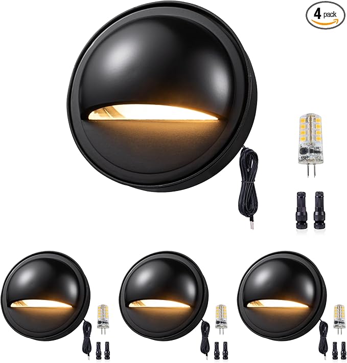 Gardenreet Low Voltage LED Deck Lights - Solid Brass Landscape Step Lights, Outdoor 12V Hardwired IP65 Waterproof, Black Round for Stair Patio Wall Yard with 3W 5000K Daylight G4 Bulb 4 Pack