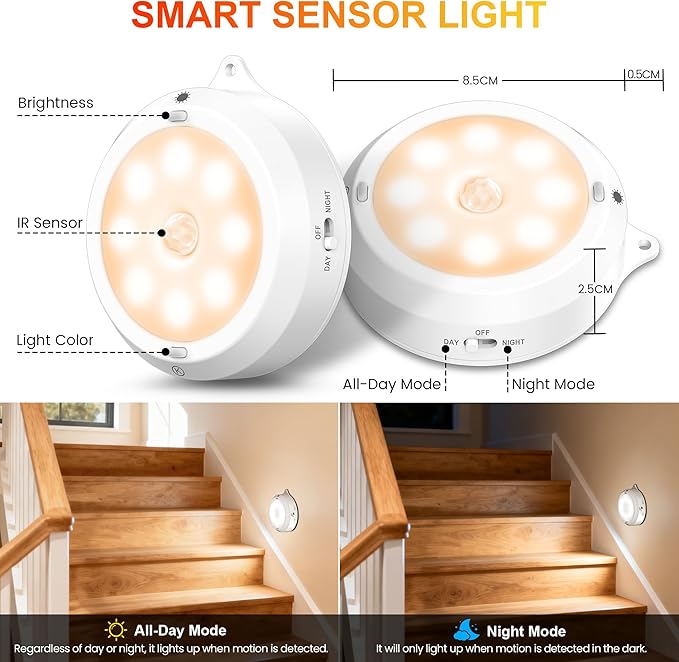 YiaMia Motion Sensor Night Light - 3 Pack, Smart Wireless Closet Lights, 3 Light Colors + Dimming, 3 × AA Battery Operated Indoor Stair Light Suitable for Kitchen, Wardrobe and Hallway
