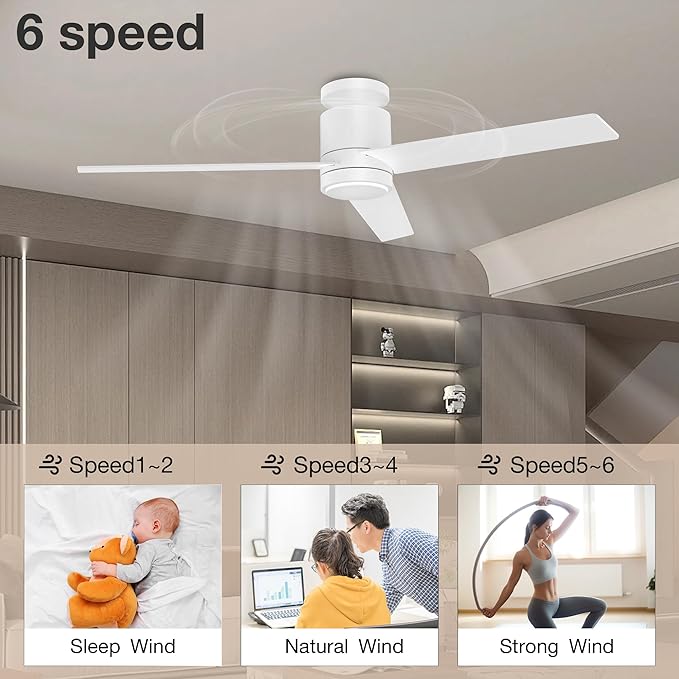 52 Inch Smart Flush Mount Ceiling Fans with Lights Remote,Quiet DC Motor,Outdoor Indoor Low Profile Ceiling Fan,Voice Control via WIFI Alexa App,Modern White Wood Ceiling fan for Bedroom Patio