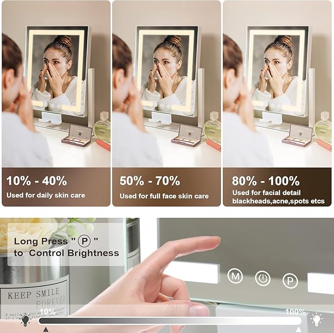 Kottova Vanity Mirror with Lights, 14" x 12" LED Makeup Mirror, Lighted Makeup Mirror with 10X Spot Mirror,Smart Touch 3 Colors Dimmable,360° Rotation, Plug in(White)