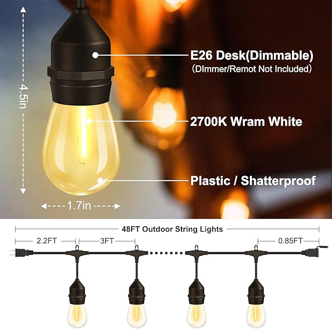 50FT LED Outdoor String Lights with 15+2 Shatterproof Bulbs, IP65 Waterproof, Commercial Grade Patio String Lights for Outside Porch Backyard Garden Deck Decor, 2700K Dimmable