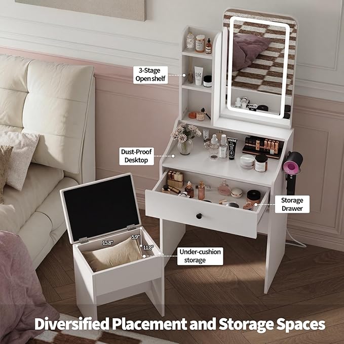 DUMOS Makeup Vanity Desk, Vanity Table Set with Mirror and Lights, Small Vanity with Storage Bench, Charging Station and Hair Dryer Holder, Dressing Table with Drawer and Three Shelves, White