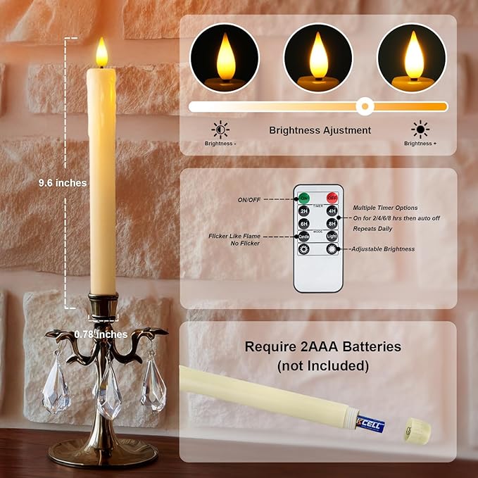 Homemory 3 Pcs Real Wax Flameless Taper Candles with Remote Timer and Dimmer, Battery Operated Candlesticks with Flickering Light, Ivory Window Candles, 9.6 Inches for for Wedding Home Decor