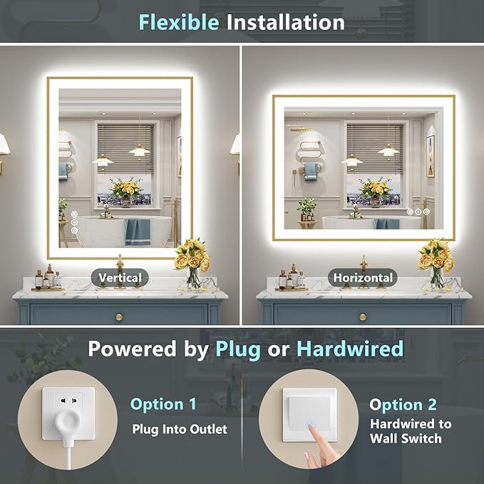 30x36 Gold LED Bathroom Mirror with Lights, Brushed Gold Framed Backlit and Front Lit Anti-Fog Lighted Vanity Mirrors for Bathroom Wall, Dimmable, 3 Colors, Memory, HD Tempered Glass, CRI＞90