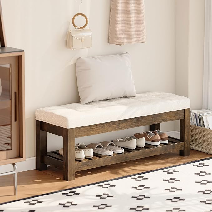 Large Upholstered Ottoman Bench Entryway Storage Benches Tufted Linen Ottoman Bench with Wood Shelf Padded End of Bed Bench for Bedroom Living Room Hallway Decor