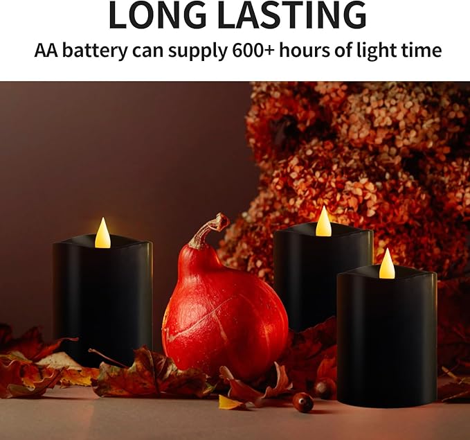 3x4 Flickering Flameless Candles Set of 3, 2AA Battery Life 600 Hours Battery Candles Flickering with Timer,4 inch Flameless Candles with Remote for Home Wedding Party Halloween Decoration, Black