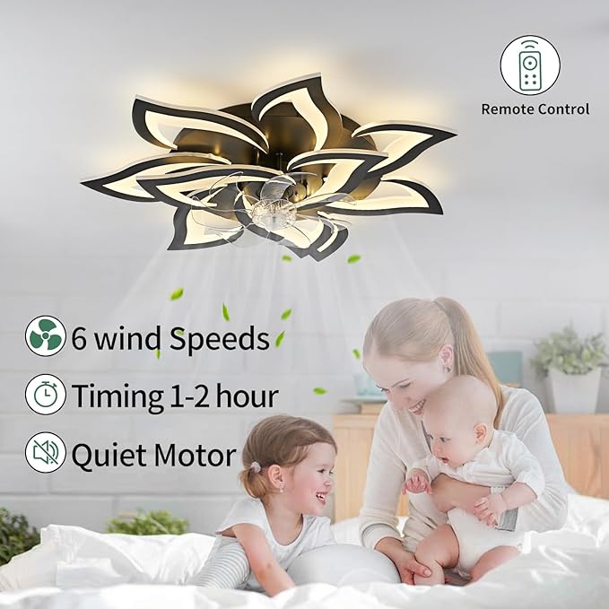 Modern Ceiling Fan with Light and Remote, Low Profile Ceiling Fans with Lights, 32 Inch Flush Mount Ceiling Fan with 3 Light Color 6 Speeds, Fandelier Ceiling Fan for Living Room, Dining Room