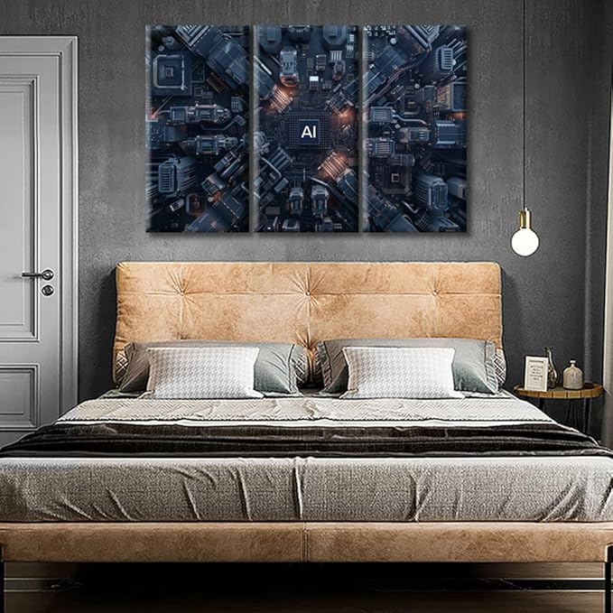 3 Pieces CPU Concept Wall Decor Painting Canvas Wall Art AI Advanced Circuitry Posters Modern Home Decor Print for Home Living Room Dining Room Stretched and Framed Ready to Hang (42"Wx28"H)