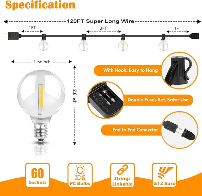 Brightever 120ft Outdoor G40 LED Globe String Lights Dimmable Waterproof Shatterproof Light Strings with 60+2 Bulbs Connectable Commercial Hanging Lights for Patio House Backyard Balcony