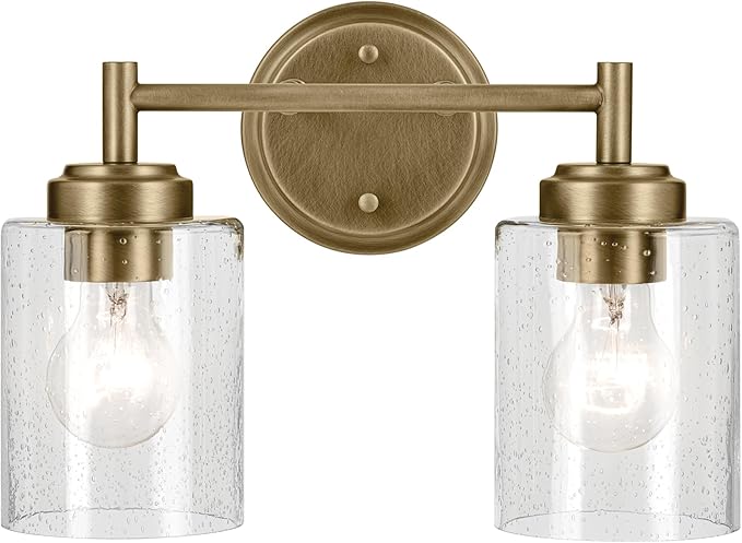 Kichler Winslow 13" 2-Light Vanity Light with Clear Seeded Glass in Natural Brass for Bathroom Vanity, Luxe Industrial, (13" x 9.25"), 45885NBR