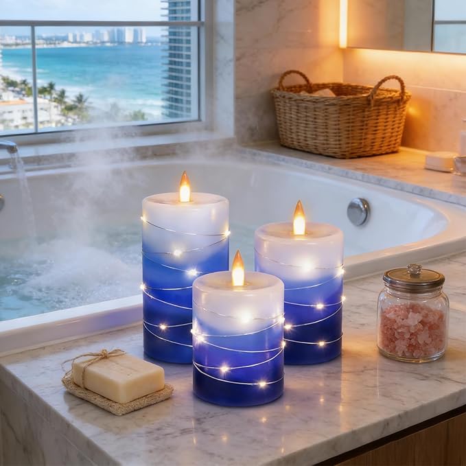 Flameless Candles with String Lights, Battery Operated Candles with Remote Control and Timer,Flickering LED Pillar Candles for Home Decoration,Real Wax, Gradient Blue (3-Pack)