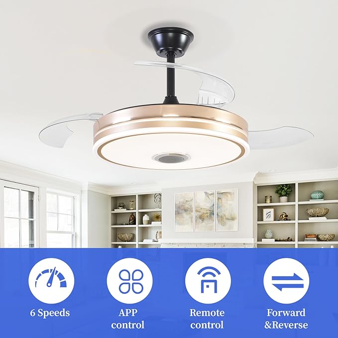 Retractable Ceiling Fan with Lights, 42 inch Ceiling Fan with Light and Remote, Low Profile Bladeless Fan for Bedroom Living Room
