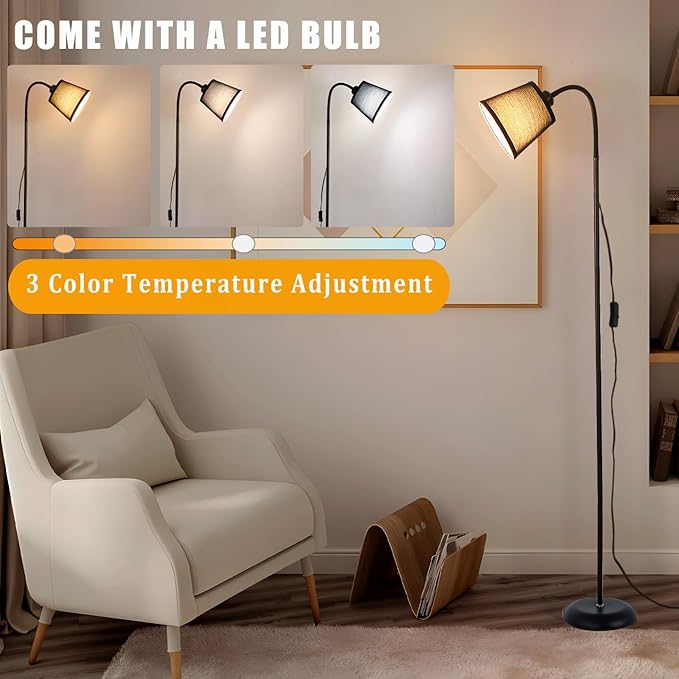 AoMck Floor Lamp, Industrial Metal Floor Lamps for Living Room with Adjustable Bendable 2 in 1 Reading Table Lamps for Living Room Bedroom Office (B+Black Shade)