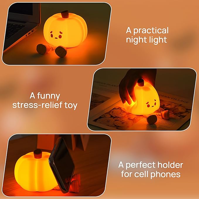 Cute Silicone Pumpkin Night Light, Rechargeable Dimmable Nursery Nightlight, Bedside Touch Lamp for Breastfeeding, Pumpkin Decor for Fall Decorations