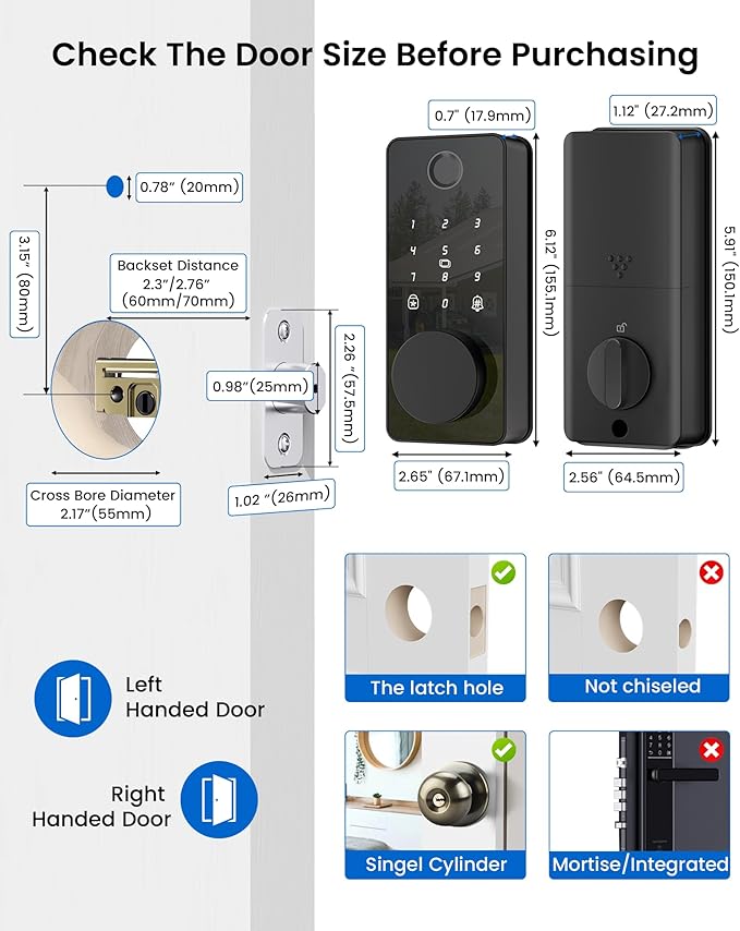 Smart Deadbolt Lock, Fingerprint Keyless Entry Door Lock App Control, Electronic Touchscreen Keypad, Auto Locking, IP54 Weatherproof, Easy Install Digital Deadbolt for Front Door