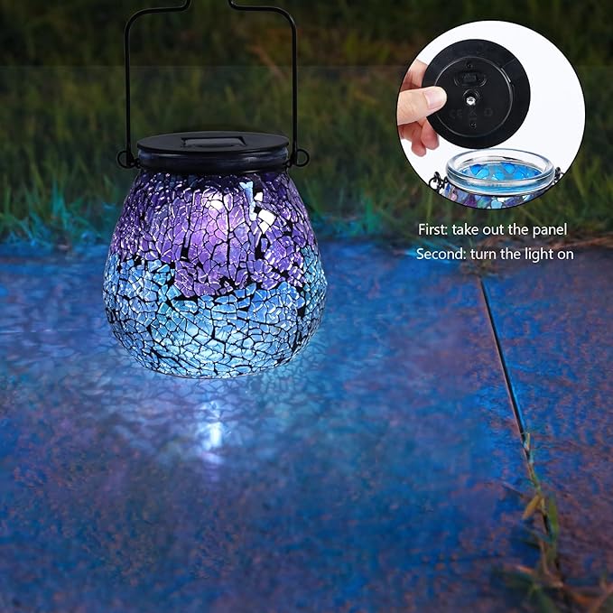 Bshine Mosaic Solar Lantern Outdoor Hanging Waterproof, Colourful Glass Purple Lantern Valentine's Day Indoor Decor Table, Garden Decor for Yard Outside, Lawn, Birthday Gift for Mom Women Gardening