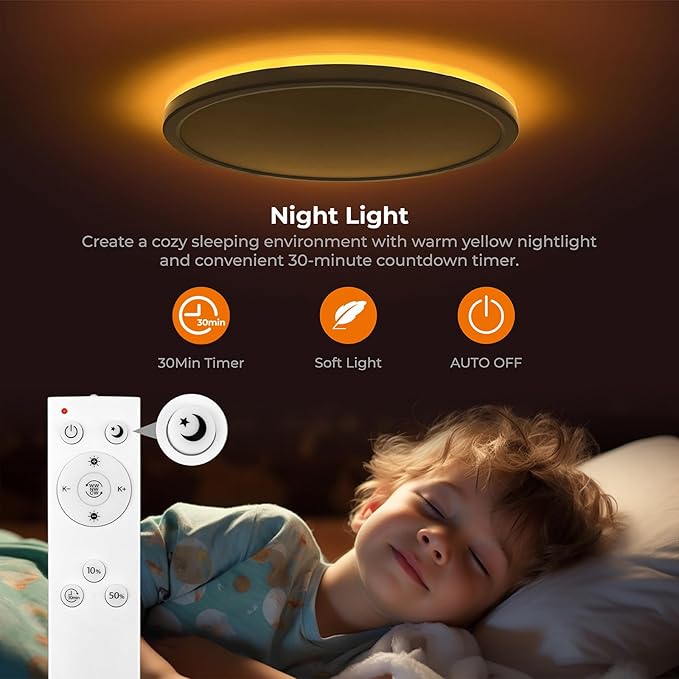 Matane 12in LED Flush Mount Ceiling Light Fixture with Remote Control, Nightlight 2000K Warm, 3000K-6500K Adjustable, Wired Low Profile Ceiling Lights for Bedroom, Kitchen, Living Room, White