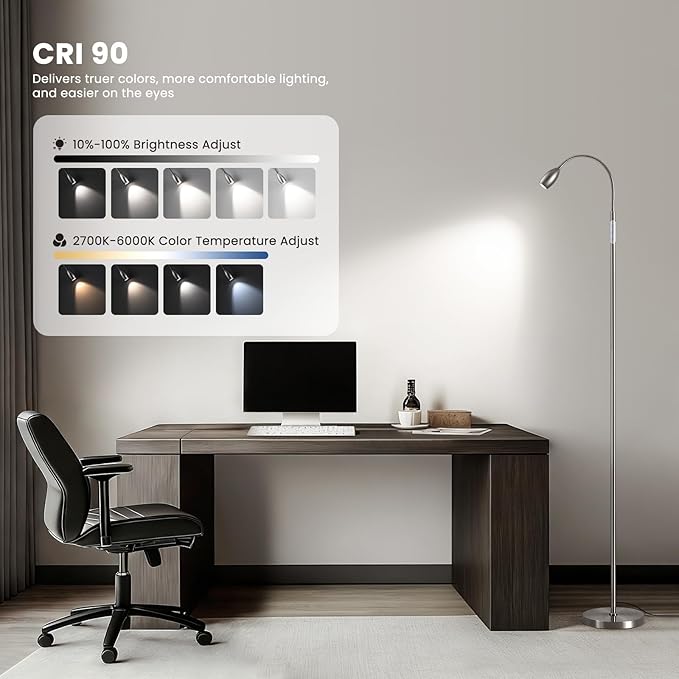 Reading Floor Lamp, Dimmable LED Floor Lamp with Remote, Standing Lamp with Flexible Gooseneck, Zoomable Spotlight, Reading Light, Task Crafting Tall Lamps for Living Room Office Bedroom(Nickel)