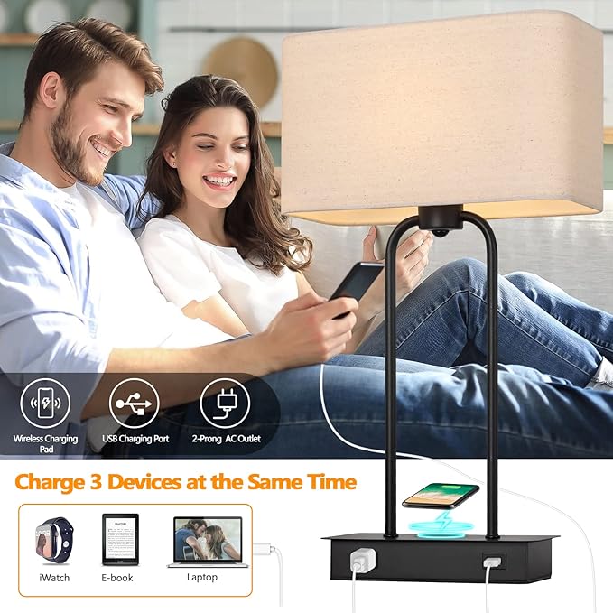 Set of 2 Wireless Charging Touch Control 3-Way Dimmable Table Lamps, Beside Nightstand Lamps for Bedroom with USB Port & AC Outlet, Living Room Office End Table Modern Black Lamps, LED Bulbs Included