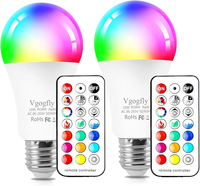 Vgogfly RGB Led Light Bulbs 10W Color Changing Light Bulb with Remote Control 5000k Daylight White (2 Pack) Remove Battery Separator Before Use