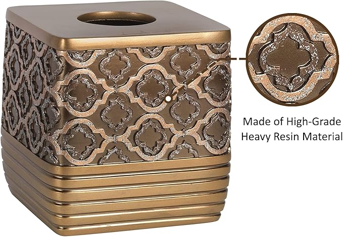 Zahari Home 2pc Spindle Modern Bath Accessories Set Waste Basket & Tissue Box Modern Classic Contemporary Decorative Beautiful Designs Bathroom Decor Set for Home Gold Complete Bathroom Sets