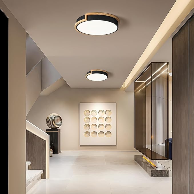 Modern LED Close to Ceiling Light, Round Flush Mount Ceiling Lighting Fixture, Matte Black with Wood Accent, Minimalist Kitchen Light Fixtures for Bedroom, Entryway, Living Room, 15.8in