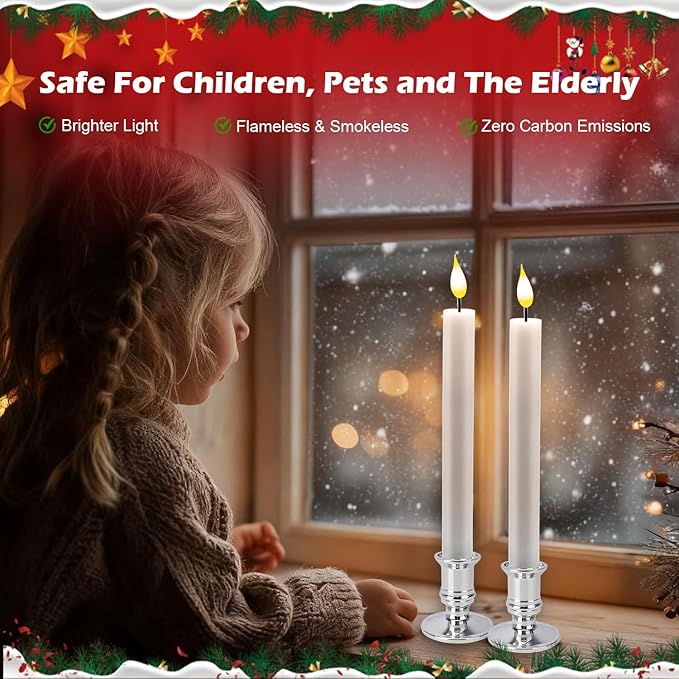 Pruk 10-Pack Flameless LED Candles w/Remote, Realistic Flickering Flame, Battery Operated Window Candles, Timer & Dimmer, Weighted Base, 10.8" Tall (Silver)