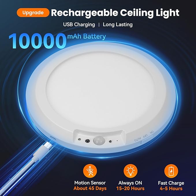 Rechargeable Motion Sensor Ceiling Light Indoor Outdoor w/Remote, 7.08 Inch Battery Operated Flush Mount Ceiling Light 3000K 4000K 6000K 400LM Dimmable for Closet Hallway Laundry Stairs (2)