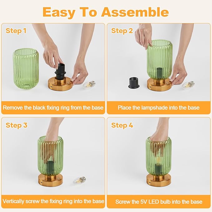 Cordless Table Lamp for Bedroom, 7500mAh Rechargeable Battery Operated Lamp, Modern Touch Dimmable Wireless Lamp Gold Base Green Glass Shade for Living Room, Desk, Led Bulb Included