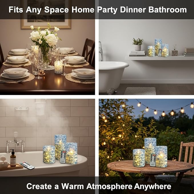 Blue Floral Flameless LED Pillar Candles with String Lights, 3pcs Battery Operated Flickering Candles with Remote Timer, Decorative Flower Printed Candles for Wedding Home Decor Romantic Ambiance
