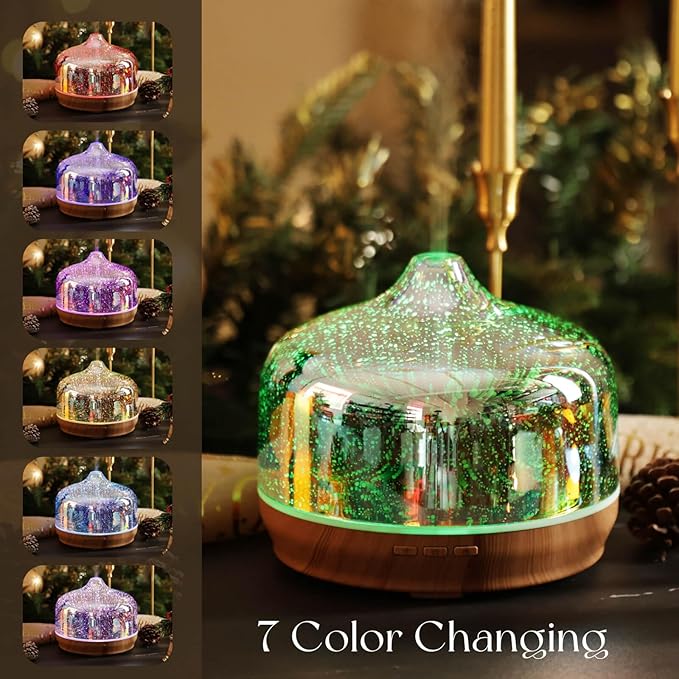 Porseme 500ml Glass Essential Oil Diffuser Aromatherapy Ultrasonic Cool Mist Humidifier 15-21 Running Hours Diffusers with Remote Control for Sleeping Yoga Working Spa(Silver
