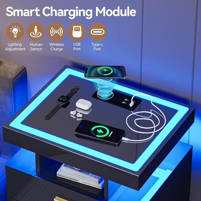 Black Night Stand with Wireless Charging Station,Smart Bedside Table with 3 Drawers,Modern Glass Top End Side Table with 3 Color Dimmable,LED Nightstand for Bedroom
